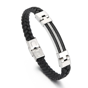 Men's fashion braided leather bracelet with stainless steel clasp on white background