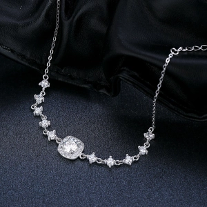 Elegant s925 silver moissanite bracelet with square geometric stones on black leather