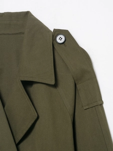Close-up of military green trench coat collar with epaulettes and black buttons