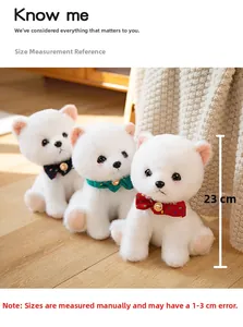 Set of three white Pomeranian plush dogs with colorful bow ties in 23cm height