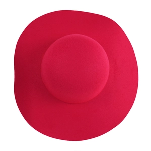 Top view of a deep pink wool felt wide brim hat with stylish wavy edges