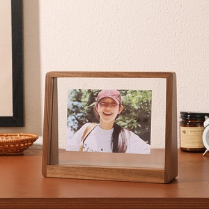 Minimalist trapezoid walnut wood photo frame with double-sided transparent glass