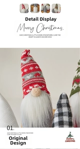 Detailed view of handmade Christmas gnomes with knitted snowflake hats and white fiber beards