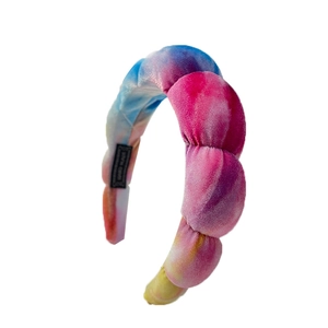 Colorful tie-dye velvet puffy headband with thick sponge cloud design for women