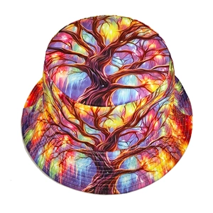 Foldable bucket hat with colorful abstract tree pattern for outdoor casual sun protection