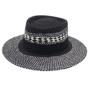 Chapeau de soleil en paille à large bord avec motif tissé noir et blanc et ruban