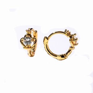 Elegant gold crown earrings with cubic zirconia stones shown from multiple angles