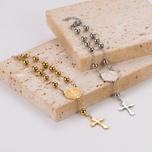 Religious style stainless steel cross and St. Benedict medal bead bracelet in gold and silver
