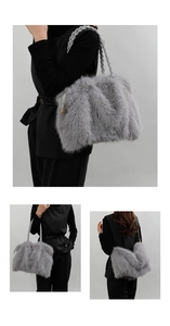 Detailed views of gray fuzzy tote bag with braided handle shown on model for autumn winter