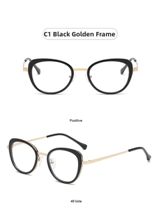 Detailed front and side view of cat eye black and gold glasses frames in a clean vertical layout