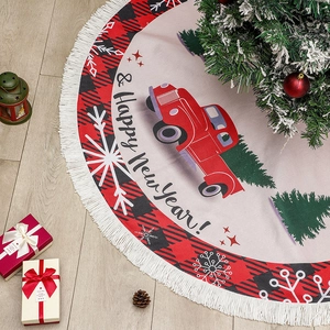 Linen Christmas tree skirt with vintage red truck, snowflakes and white tassels