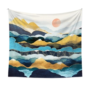 Detailed texture of abstract mountain tapestry with blue and gold art patterns