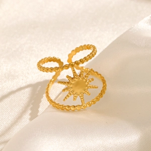 Sunburst Star Ring Stainless Steel Adjustable Open 18K Gold Plated Double Beaded Band Bohemian Style Jewelry For Women