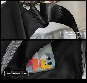 Détails du sac bandoulière cargo montrant l'anneau de sangle et la poche zippée interne