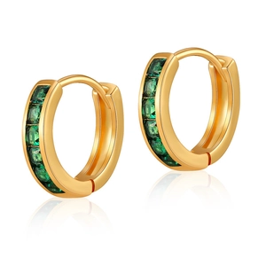 Macro detail of 18K gold brass hoop earrings with square emerald-colored zircon stones