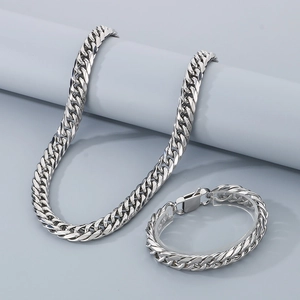 Detail of silver stainless steel Cuban link chain necklace and matching bracelet set