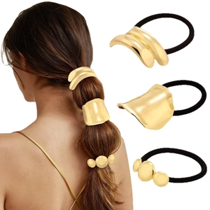 Set of three creative gold metal hair rings with minimalist and wavy geometric designs