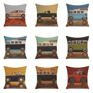 Cartoon animal dogs driving vintage cars and buses on minimalist soft sofa cushion covers