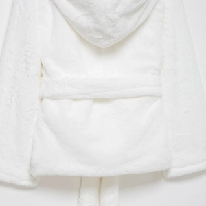 White faux fur hooded short coat for women with belt back view minimalist style