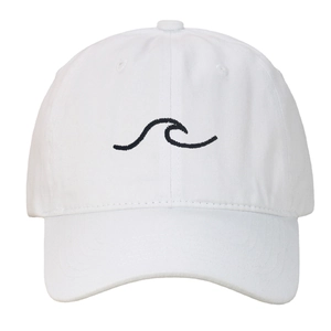 Detailed embroidery of black wave patterns on a white washed cotton baseball cap