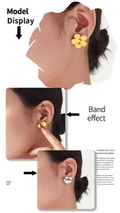 Detail view of five-petal flower stud earrings in matte gold and silver finishes