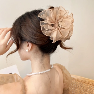 Vue arrière du mannequin portant une grande pince à cheveux en tulle beige élégante