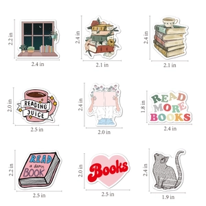 Detailed size guide for vinyl reading stickers featuring books, flowers, and cats