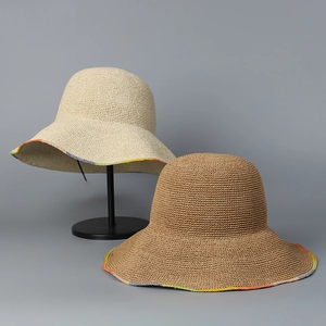 Women Handmade Crochet Straw Bucket Hat Wide Brim Foldable Raffia Grass Breathable Sun Protection Summer Beach