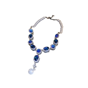 Parure collier en Y style français avec perles blanches et pierres ovales bleues argent