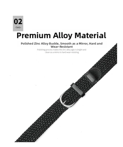 Close-up of black braided belt with polished silver horseshoe buckle and faux leather detail