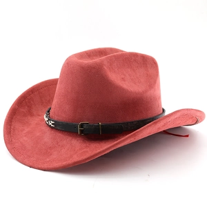 Detail of red faux suede cowboy hat featuring black leather belt and vintage metal buckle