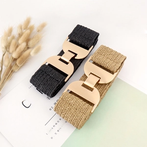 Elastic woven straw belts for women with large golden double-arch metal buckles