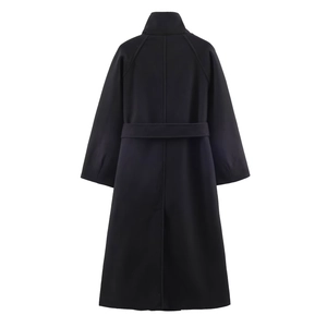 Back view of a black wool coat featuring a stylish belted waist and relaxed loose fit