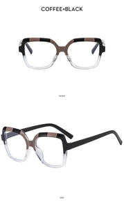 Front and side views of square two-tone coffee and black frames with transparent bottom