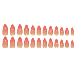 Pink gradient almond press-on nails with elegant gold metallic curved lines, 24 pieces set