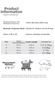 Size chart for breathable reflective dog harness and measuring guide for small pets