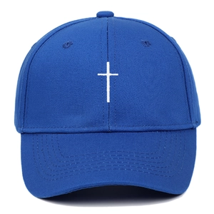 Classic blue baseball cap with white cross embroidery and adjustable strap for outdoor use