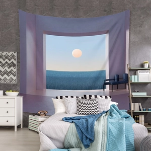 Detailed view of bohemian wall tapestry featuring a surrealist purple seascape for home decor