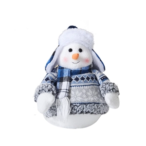 Blue and grey Christmas snowman plush with knitted sweater and scarf for holiday decor