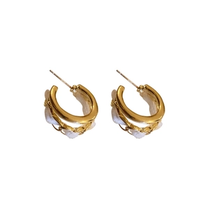 S925 silver needle double layer C-shaped gold hoop earrings with white velvet chain detail