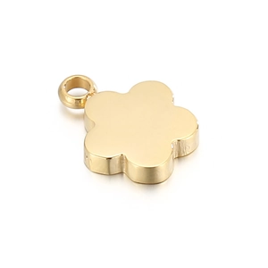 Detailed close-up of a polished gold flower pendant with a built-in hanging loop