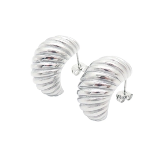 Polished silver stainless steel drop earrings with vintage textured wave patterns