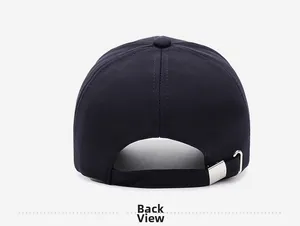 Detailed back view of a navy baseball cap with an adjustable strap and silver metal buckle