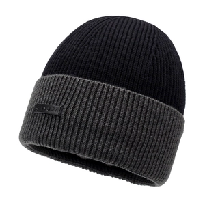 Mens winter knit beanie with fleece lining in black and grey ribbed texture