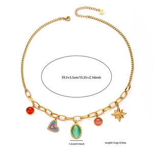Gold stainless steel chain necklace with colorful heart and gemstone charms with measurements