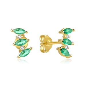 Detailed macro view of S925 sterling silver earrings with green marquise stones and zircon