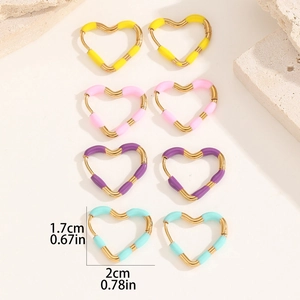 Colorful heart-shaped titanium steel hoop earrings in yellow pink purple and teal colors