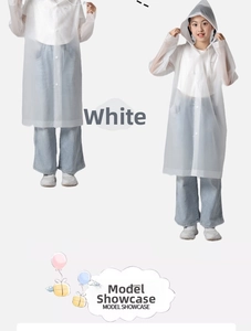 White semi-transparent EVA children's hooded raincoat with durable snap button closure