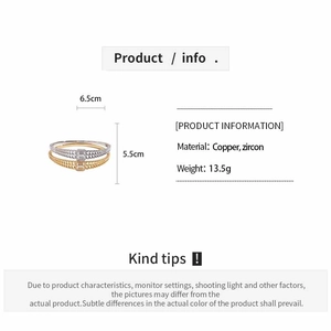 Détail de bracelets en laiton tissé avec zircon rectangulaire et dimensions précises