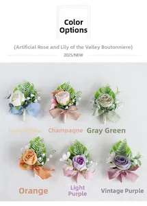 Close-up of artificial rose boutonnieres in six colors with silk ribbons for weddings